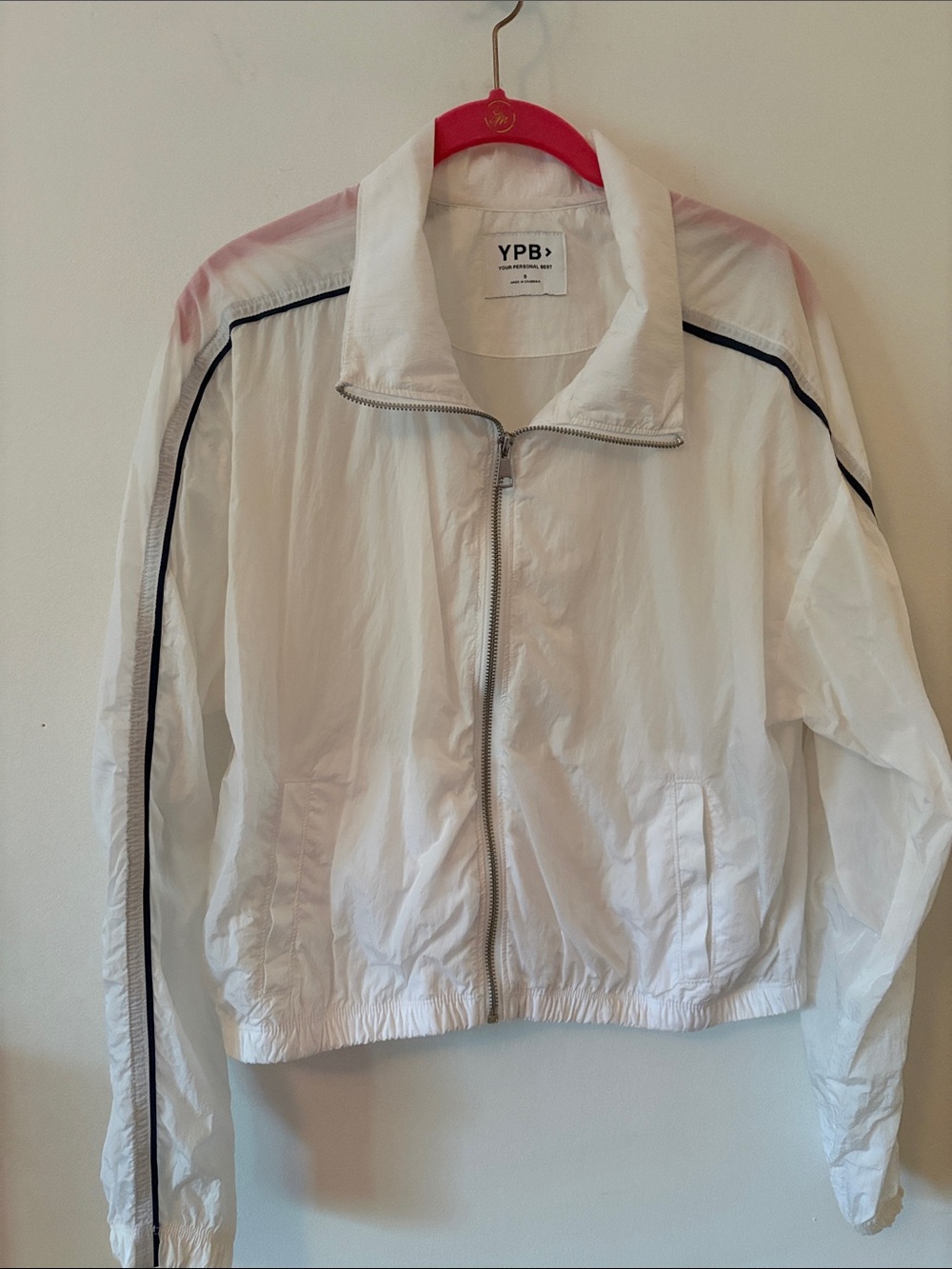 YPB White Zip-Up windbreaker Jacket with Contrast Piping